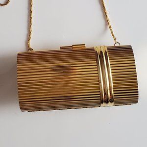 Gold Minaudière Clutch Metallic Hard Case with Chain Strap